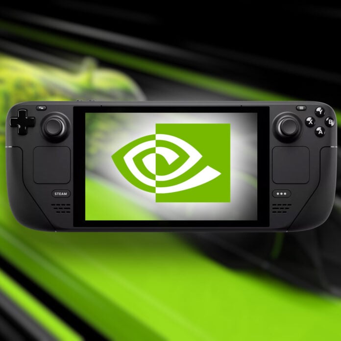 A Steam Deck with an Nvidia logo in its centre.
