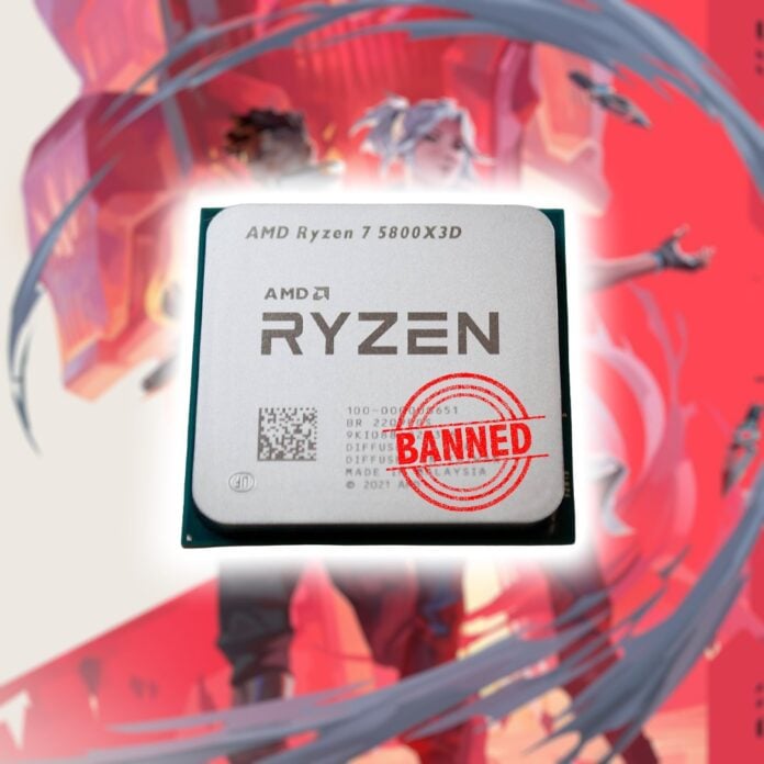 An AMD Ryzen 7 5800X3D processor, against Valorant key art, with a banned stamp on its IHS.