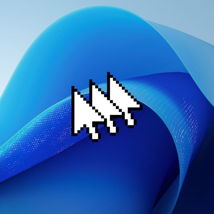 Three mouse cursors cascaded on top of one another, on top of a Windows bloom wallpaper.