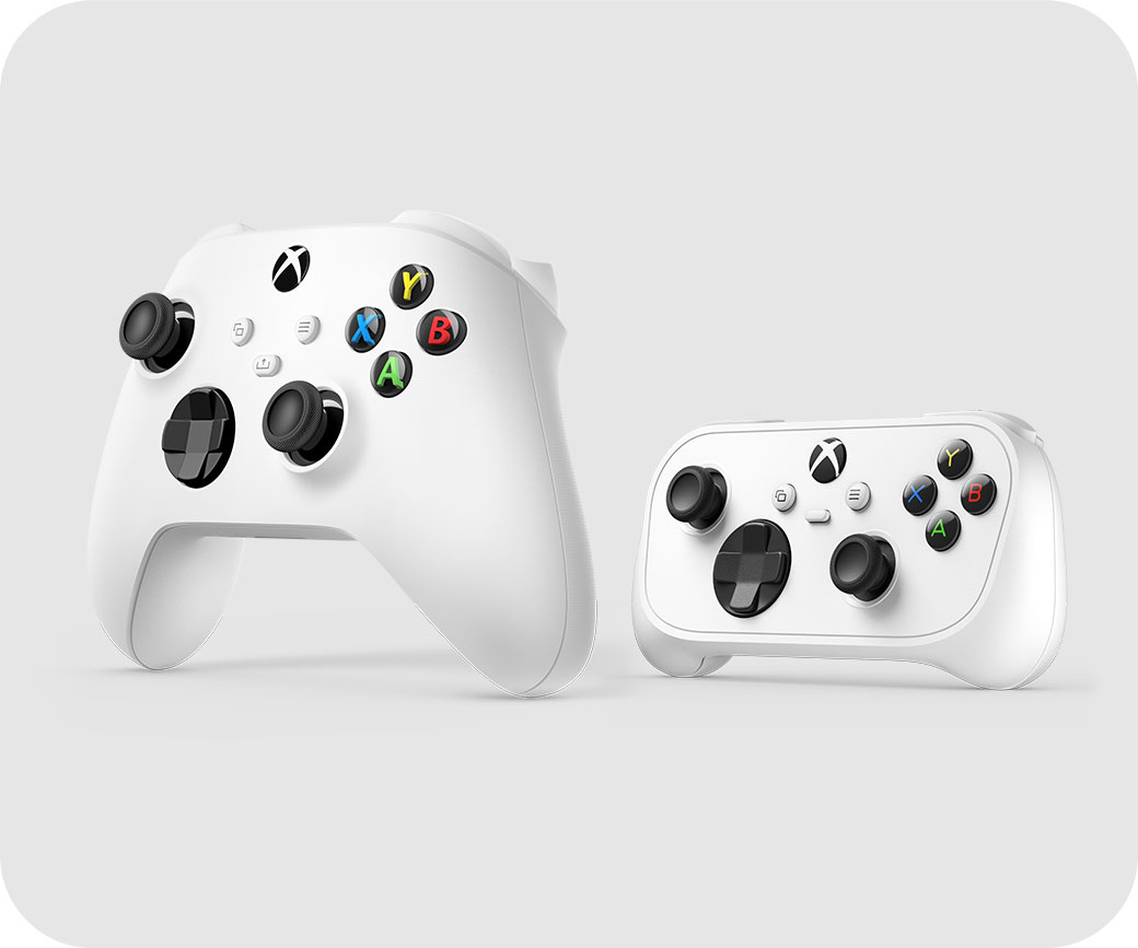 A standard Xbox Series controller (left) next to an Xbox Nano controller (right).